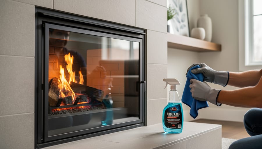 Homeowner cleaning glass fireplace doors during routine maintenance