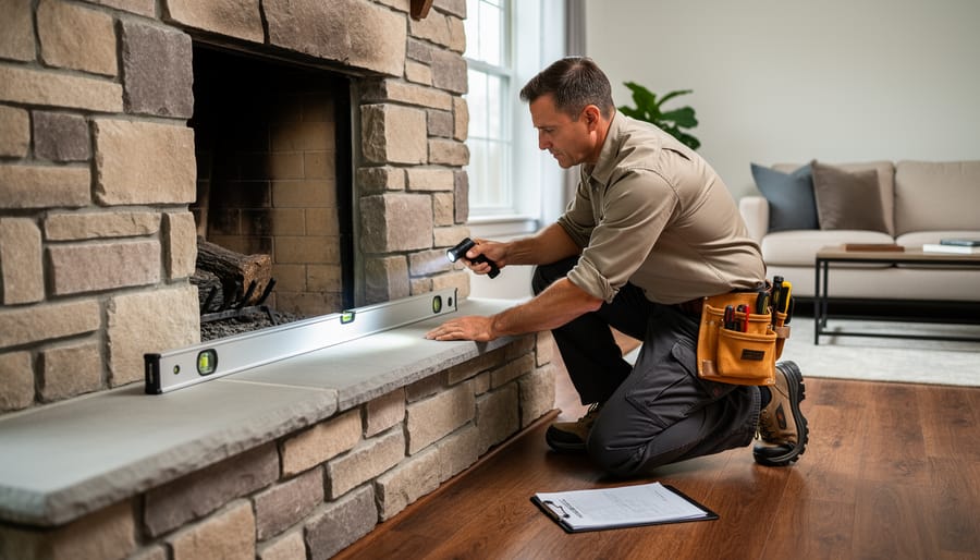 Home inspector crouching beside a heavy stone fireplace, using a long spirit level and flashlight to evaluate floor sag in a living room with soft daylight and blurred background furnishings.