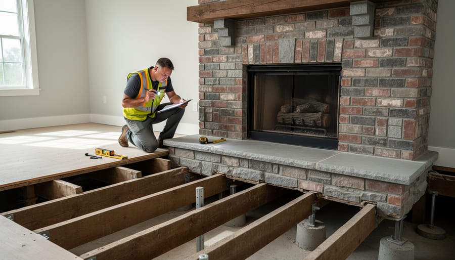 Brick fireplace with stone hearth showing structural floor elements