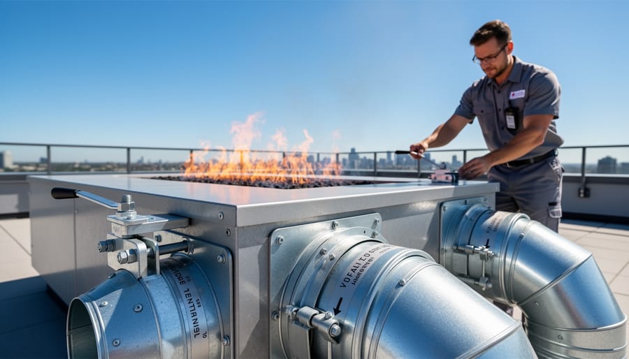 Close-up of outdoor fireplace damper and ventilation control mechanism
