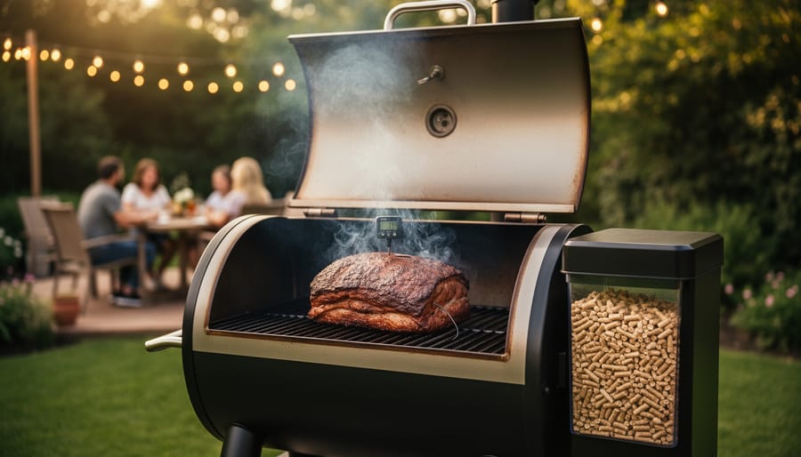 Backyard pellet grill with lid slightly open, pork shoulder on the grates with a digital probe, thin blue smoke rising, pellet hopper filled with pellets, warm golden hour lighting, and a softly blurred patio with string lights in the background.