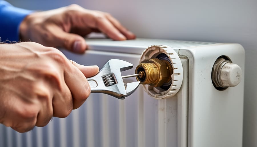 Hand using cloth-wrapped hammer to gently tap stuck radiator valve pin