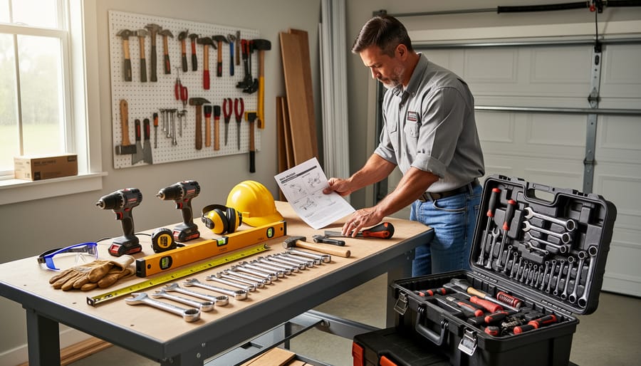 Organized collection of installation tools including drill, level, wrenches, and safety equipment