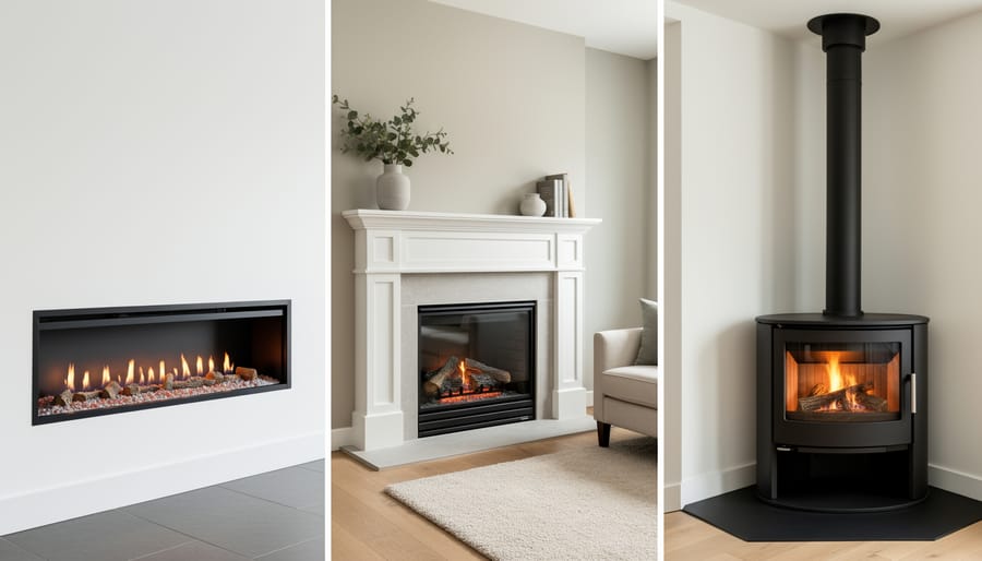 Three types of gas fireplaces displayed including insert, built-in, and freestanding models