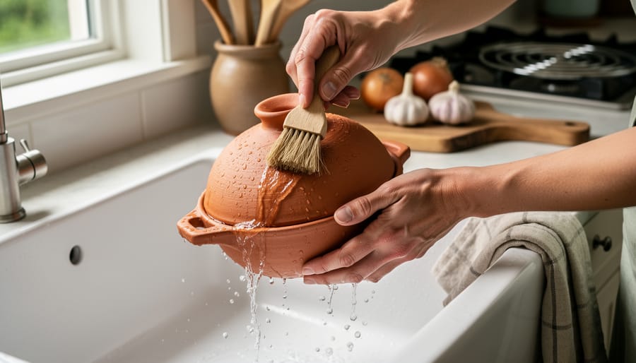 "Hands rinsing and brushing a terracotta clay cooking pot in a farmhouse sink with soft natural light and blurred rustic kitchen elements."