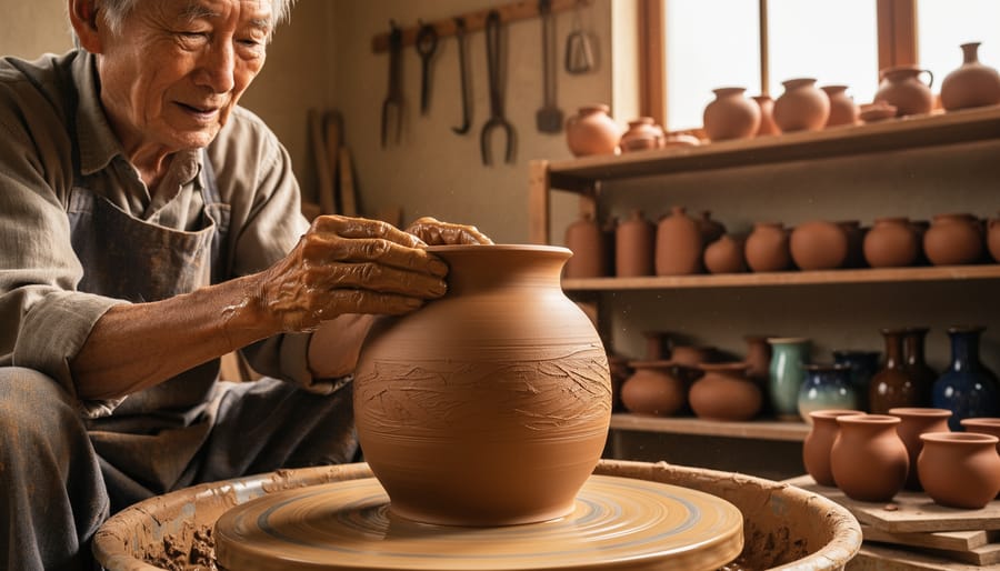 Potter's hands shaping clay on a wheel during the creation of handmade cookware