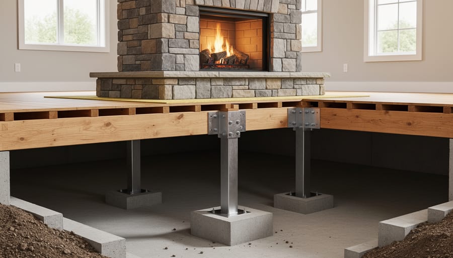 Structural support post and concrete footing in basement supporting floor above