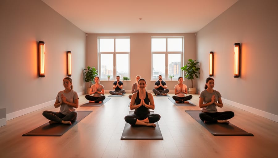 Infrared panel heater mounted on wall in minimalist yoga studio with mat and cushion below