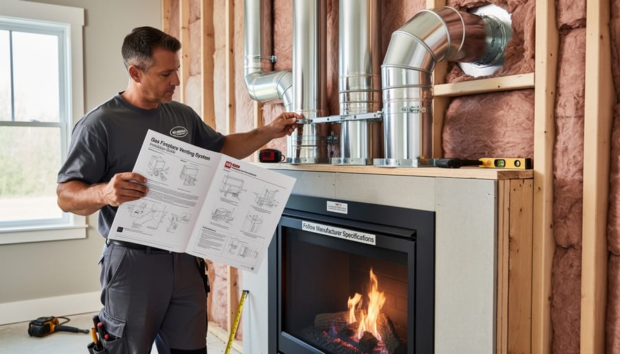 Close-up of hands installing direct vent pipe for gas fireplace