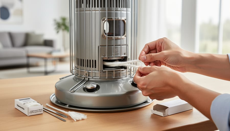 Hands installing new wick into kerosene heater mechanism