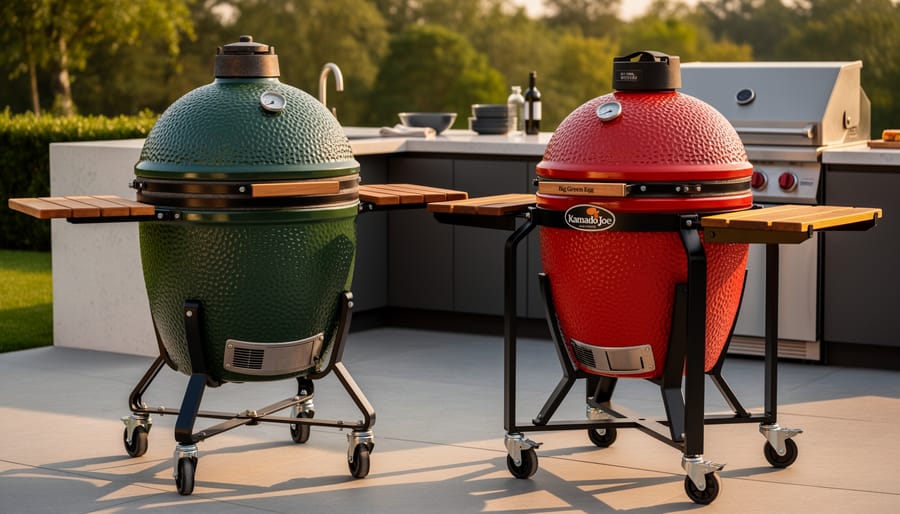 Big Green Egg and Kamado Joe kamado grills positioned side by side on outdoor patio