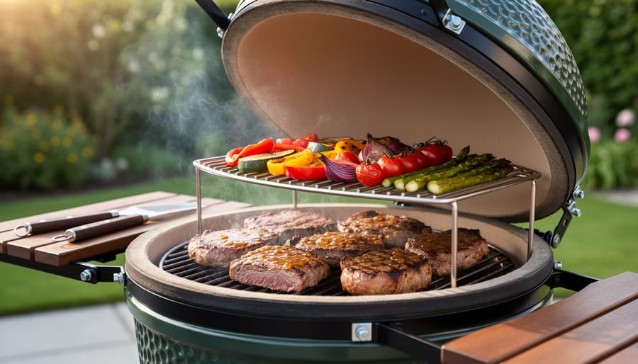 Open kamado grill showing multi-level cooking setup with meat and vegetables