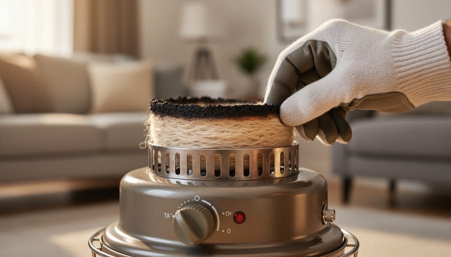 Close-up of a gloved hand inspecting the exposed wick of a portable kerosene heater, showing slight carbon crusting, with a softly lit living room blurred in the background.