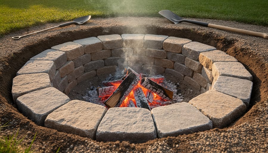 Overhead view of rectangular underground pit lined with stones and bricks