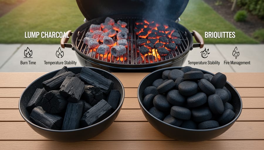 Comparison of lump charcoal and briquettes held in gloved hands