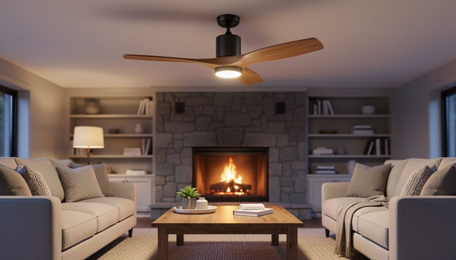 Modern ceiling fan with natural wood blades and integrated LED light above a living room with a lit stone fireplace, plush sofa, and wood coffee table, photographed from a slightly low angle.