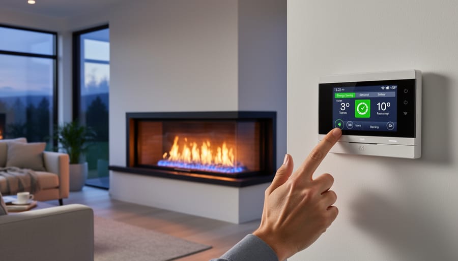 Modern gas fireplace burning with programmable thermostat on wall in contemporary living room