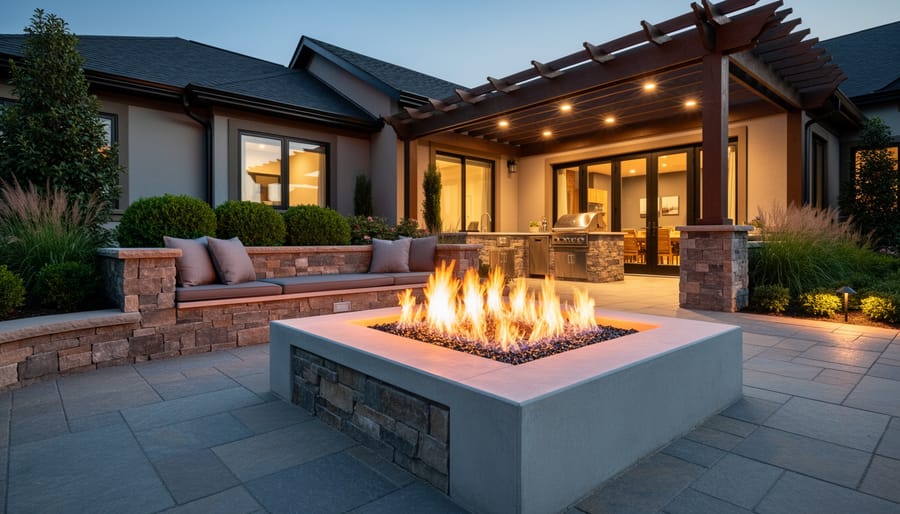 Built-in natural gas fire pit as centerpiece of permanent outdoor entertainment area