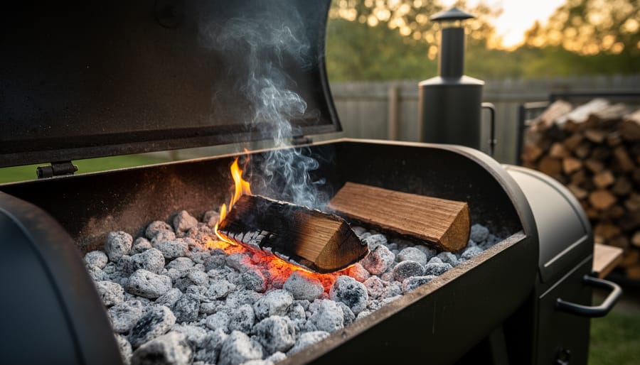 Open firebox of an offset smoker with a mature white-gray coal bed, a fist-sized hardwood split igniting at the edge, thin blue smoke drifting from the chimney, and another split preheating on the cooler side, with a softly blurred backyard at golden hour.