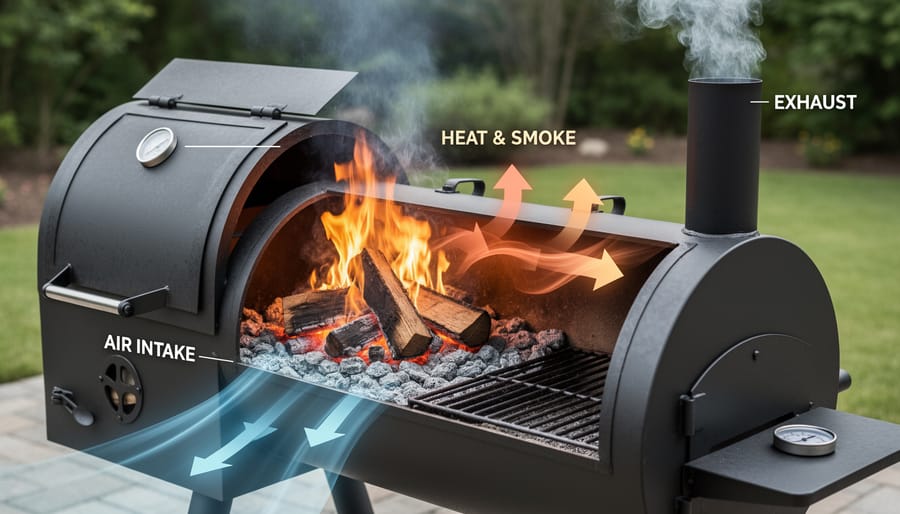 Offset smoker firebox with glowing charcoal visible through open door
