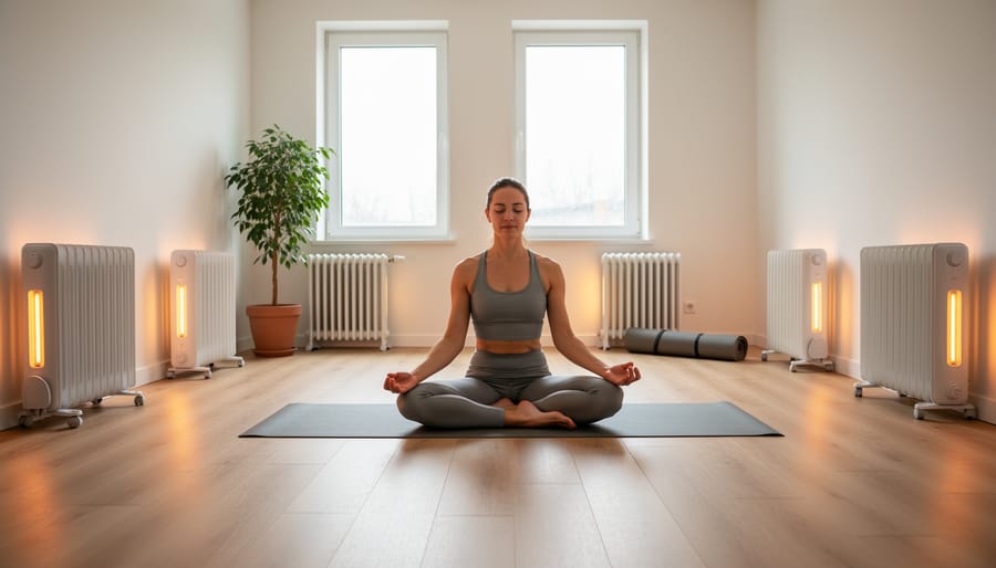 Oil-filled radiator heater placed safely beside yoga practitioner on mat in studio