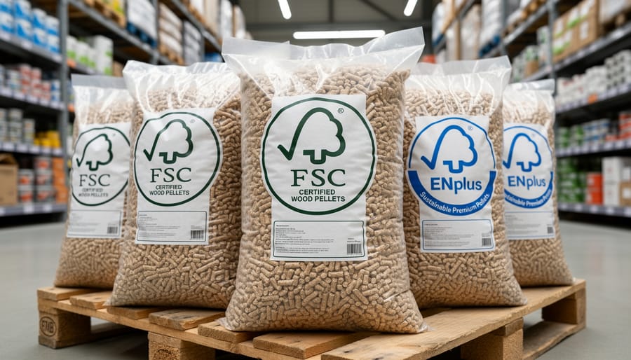 Consumer holding wood pellet bag showing sustainability certification logos