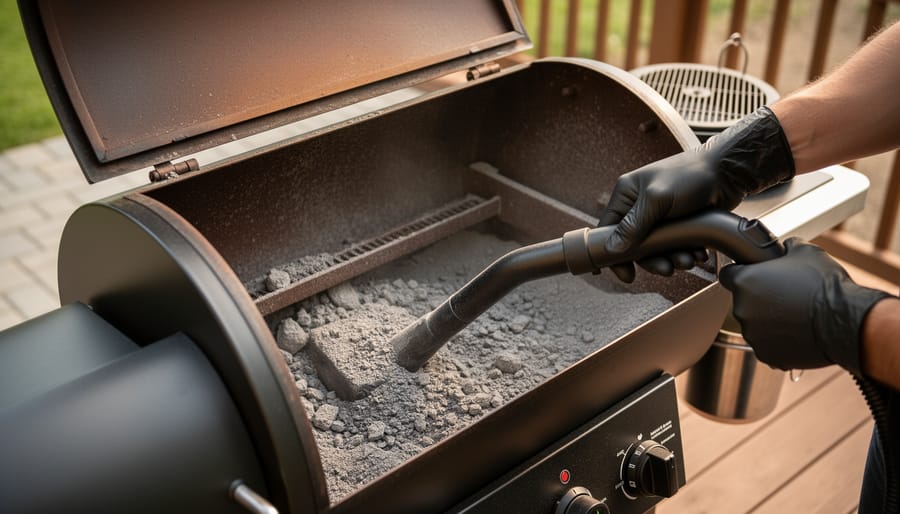 Close-up of gloved hands vacuuming ash from the burn pot inside an open pellet grill on a backyard deck, with a blurred heat diffuser plate and grease bucket in the background.
