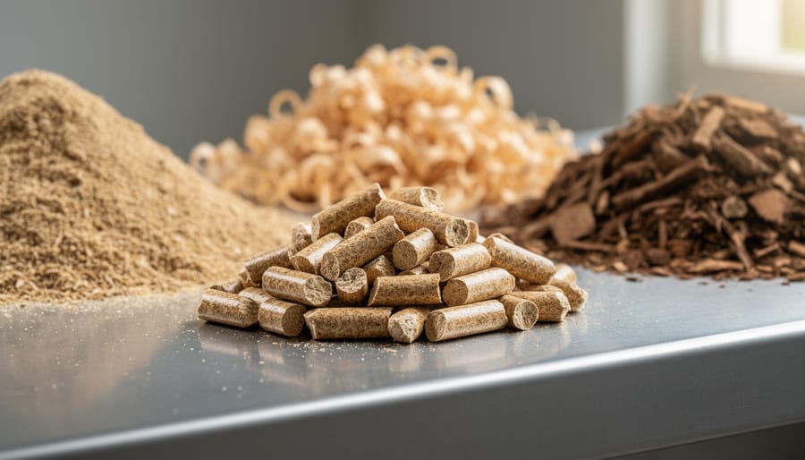 Close-up of wood pellets and raw sawdust materials showing different production stages