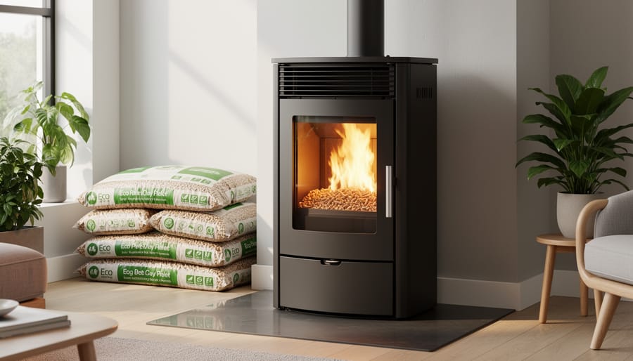 Pellet stove burning with visible flames in comfortable home interior
