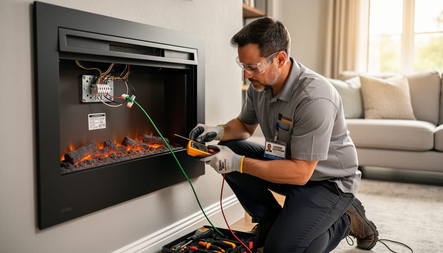 Professional electrician testing electrical panel with safety equipment