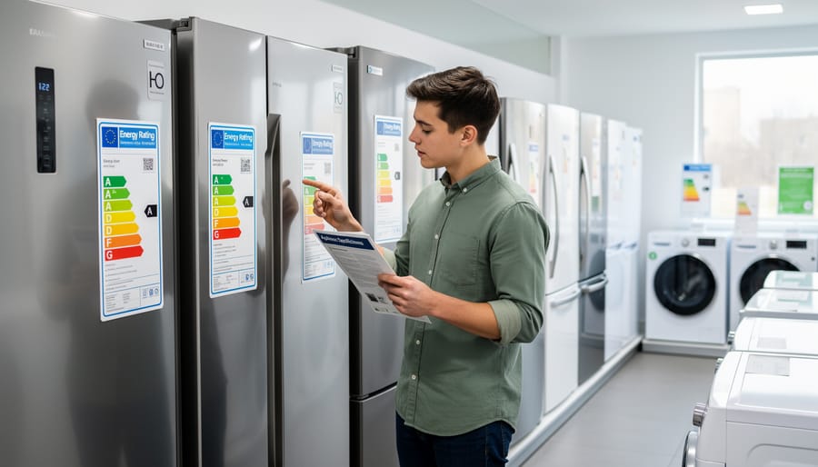 Hands holding small kitchen appliance box while reading energy efficiency specifications