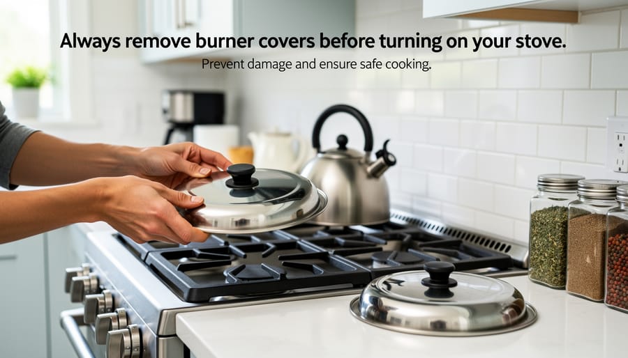 Hand removing stainless steel burner cover from electric stove before cooking