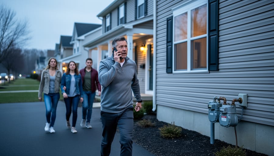 Homeowner outside a suburban Rochester-area house calling on a cell phone after detecting a gas odor, family exiting behind, exterior gas meter visible on the side of the house at dusk.