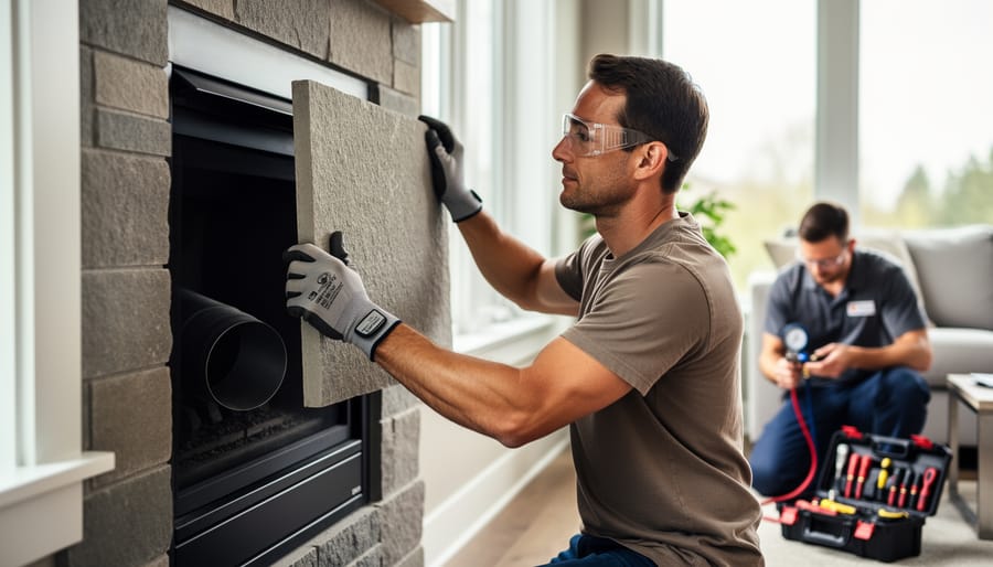 Homeowner wearing safety gear aligning a stone surround on a partially installed direct-vent gas fireplace with visible exterior vent pipe, while a technician in the background checks the gas line with a manometer in a modern living room.