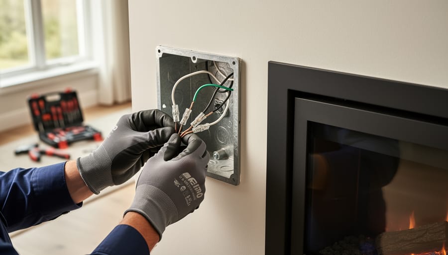 Gloved hands use wire connectors to join black hot, white neutral, and green ground wires inside a junction box next to a modern electric fireplace, with tools and a living room softly blurred in the background under natural daylight.