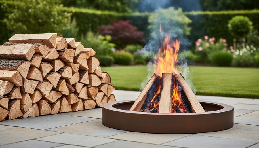Stack of properly seasoned firewood logs beside outdoor chiminea