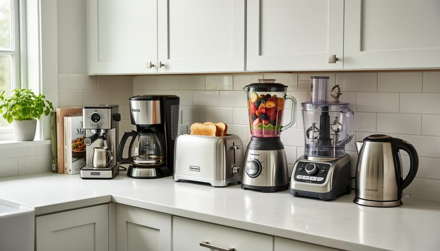 Overhead view of various small electric kitchen appliances arranged on white marble countertop