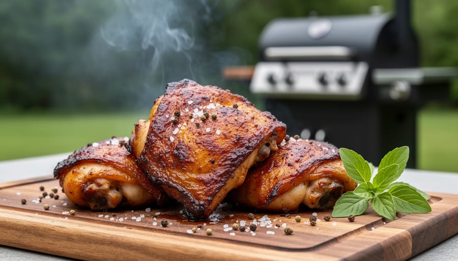Golden-brown smoked chicken thighs with crispy skin on ceramic platter