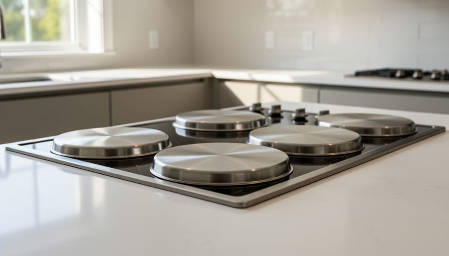 Four stainless steel burner covers on electric stove in modern kitchen