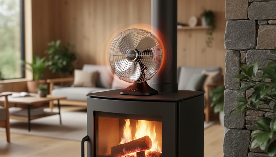 Heat-powered eco fan sitting on top of wood-burning stove with visible flames
