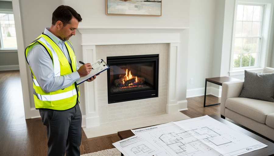 Structural engineer inspecting floor joists during fireplace installation planning