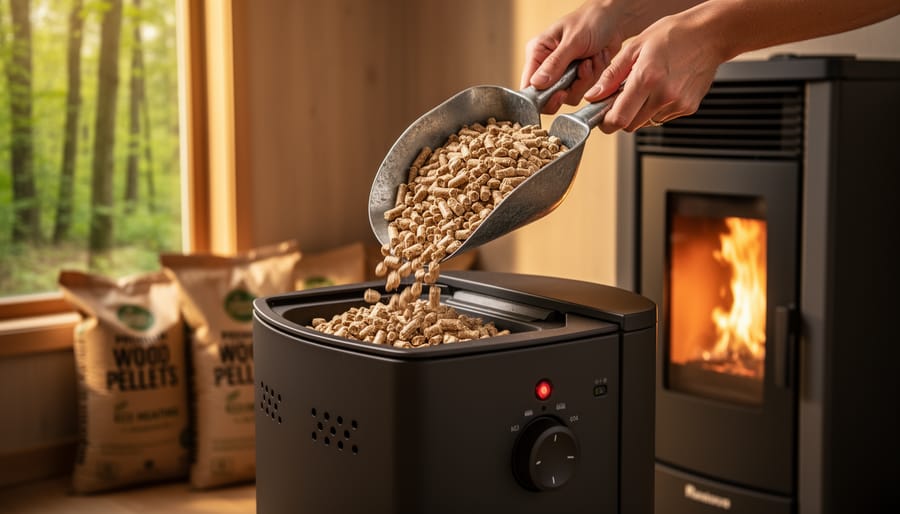 Hands pour clean wood pellets from a metal scoop into a modern pellet stove hopper, flame visible, with stacked unbranded pellet bags and leafy forest seen through a window in the blurred background.