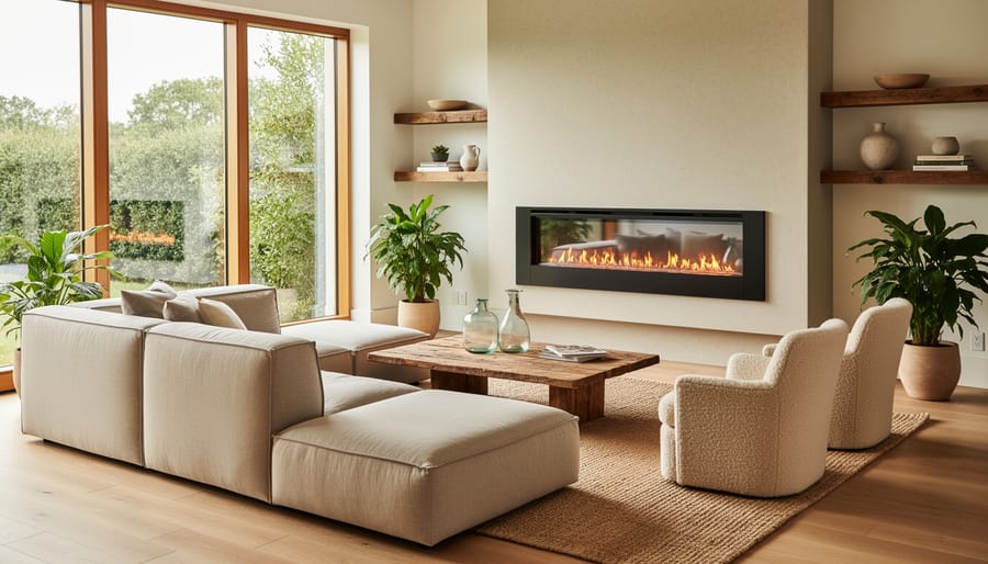 Complete living room setup with electric fireplace, sustainable furniture, and eco-friendly decor elements