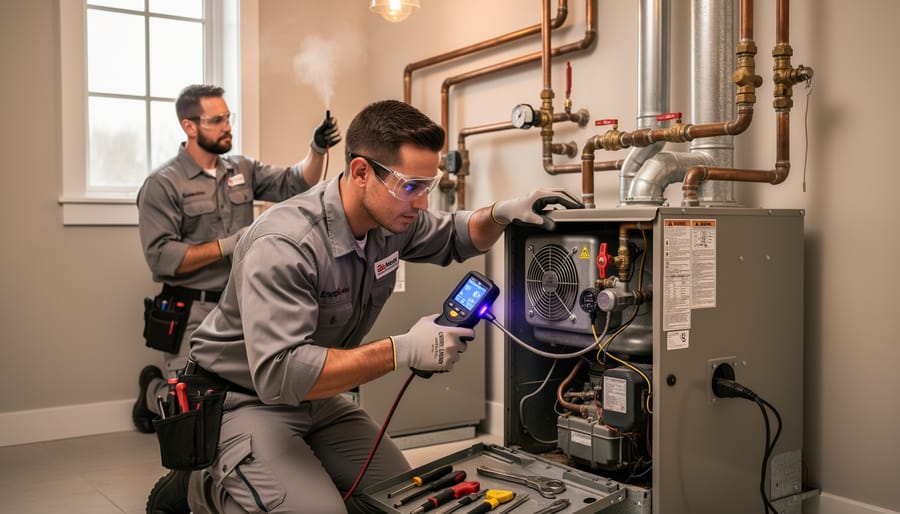 Technician using gas leak detection equipment on residential gas line connection