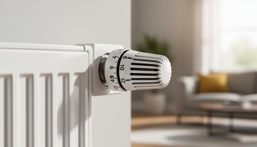 Close-up of white thermostatic radiator valve knob showing numbered temperature settings