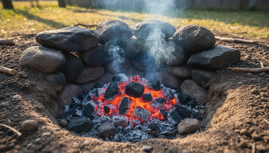 Underground smoking pit with glowing red coals and heated rocks at the bottom
