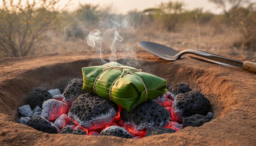 Earthen pit smoker with glowing coals and heated rocks, banana-leaf-wrapped meat resting on stones, thin smoke rising at golden hour with shovel and tongs in the background.