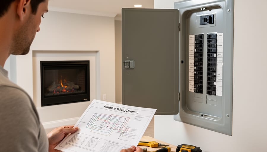 Electrician reviewing wiring diagram next to residential electrical panel
