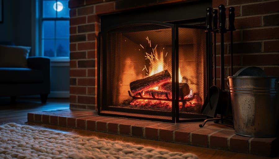 Eye-level view of a wood fireplace at night with glowing embers behind a mesh screen on a brick hearth, hearth tools and a metal ash bucket nearby, and a thick rug close to the fire in a dim living room.