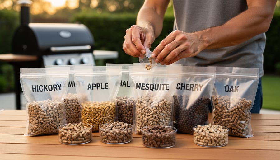 Assortment of wood smoking pellets in different varieties displayed in wooden containers